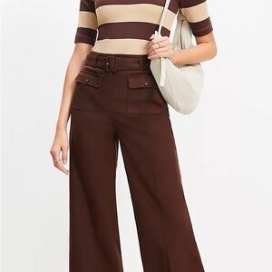 LOFT High Waisted Belted Palmer Wide Leg Pants Chestnut Brown Sz 14 Full Length